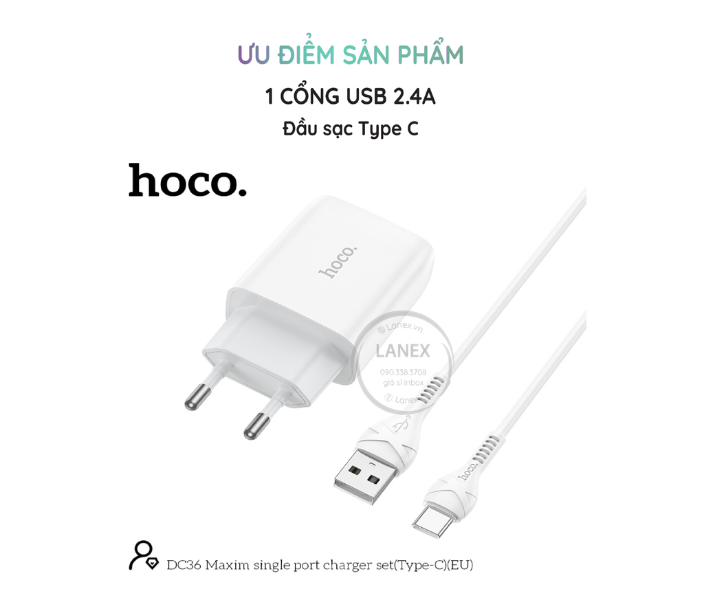 Bộ sạc nhanh 2.4A EU Hoco DC36 Type c (cóc 1 cổng usb+ cáp 1 cổng usb ra type c) chính hãng [BH: 1 NĂM]