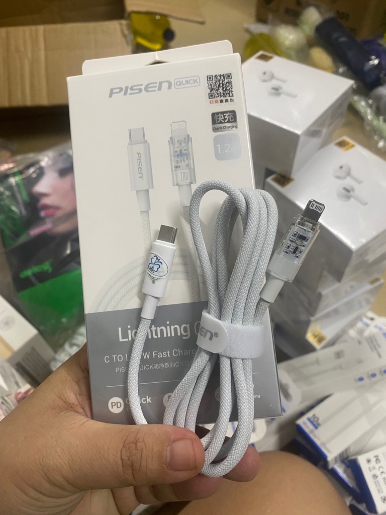 Cáp sạc nhanh 27w Pisen Type c ra Lightning (c-l) dây dù dài 1.2m màu trắng xám 1 đầu trong suốt [BH: 1 NĂM]