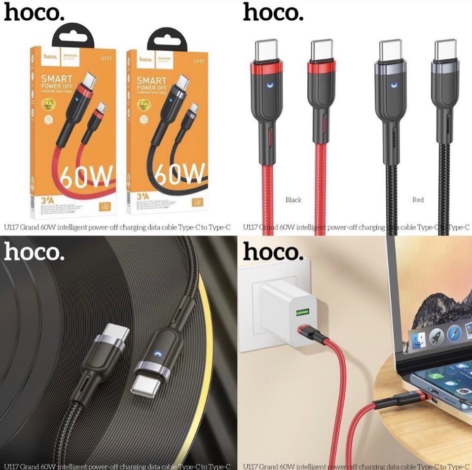 Cáp sạc nhanh 60w tự ngắt HOCO U117 (2 đầu Type C ra Type-C) có đèn led báo sạc chính hãng [BH 1 năm]