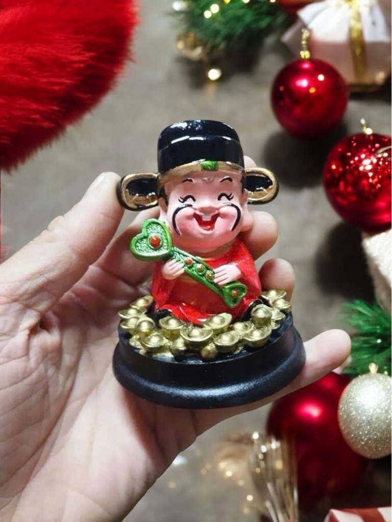 Tượng thần Tài nhỏ ôm gậy như ý xanh may mắn tài lộc, trang trí bàn làm việc, decor [BH: NONE]