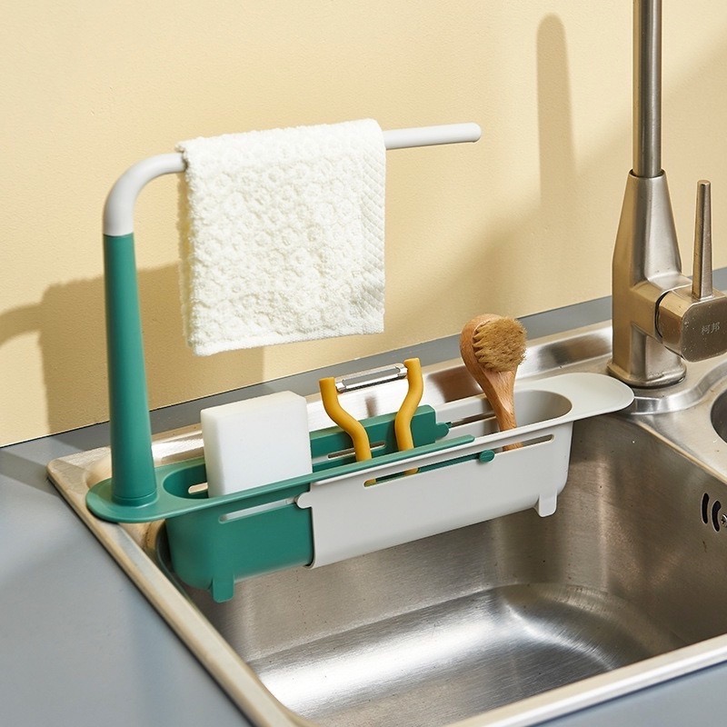 Kệ nhựa RÚT gọn phối 2 MÀU, để bồn rửa chén kèm thanh phơi khăn [BH: None] / pktn sale