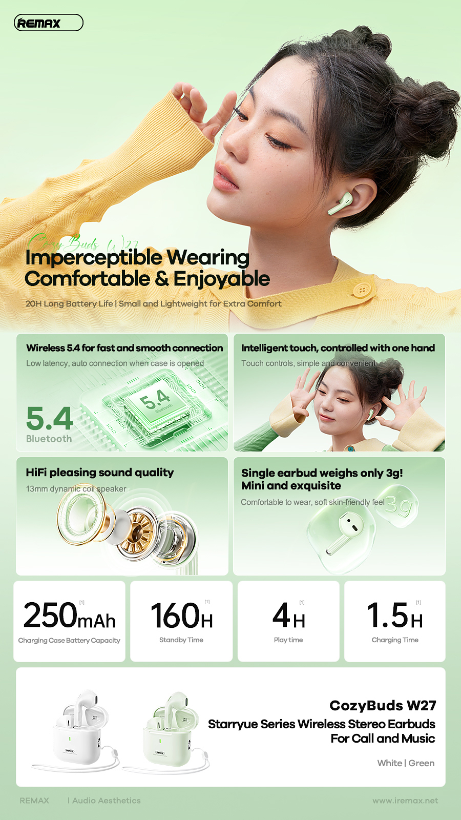 Tai nghe Bluetooth Remax Cozybuds W27 True Wireless V5.4 kiểu dáng airpods chính hãng [BH 1 năm]