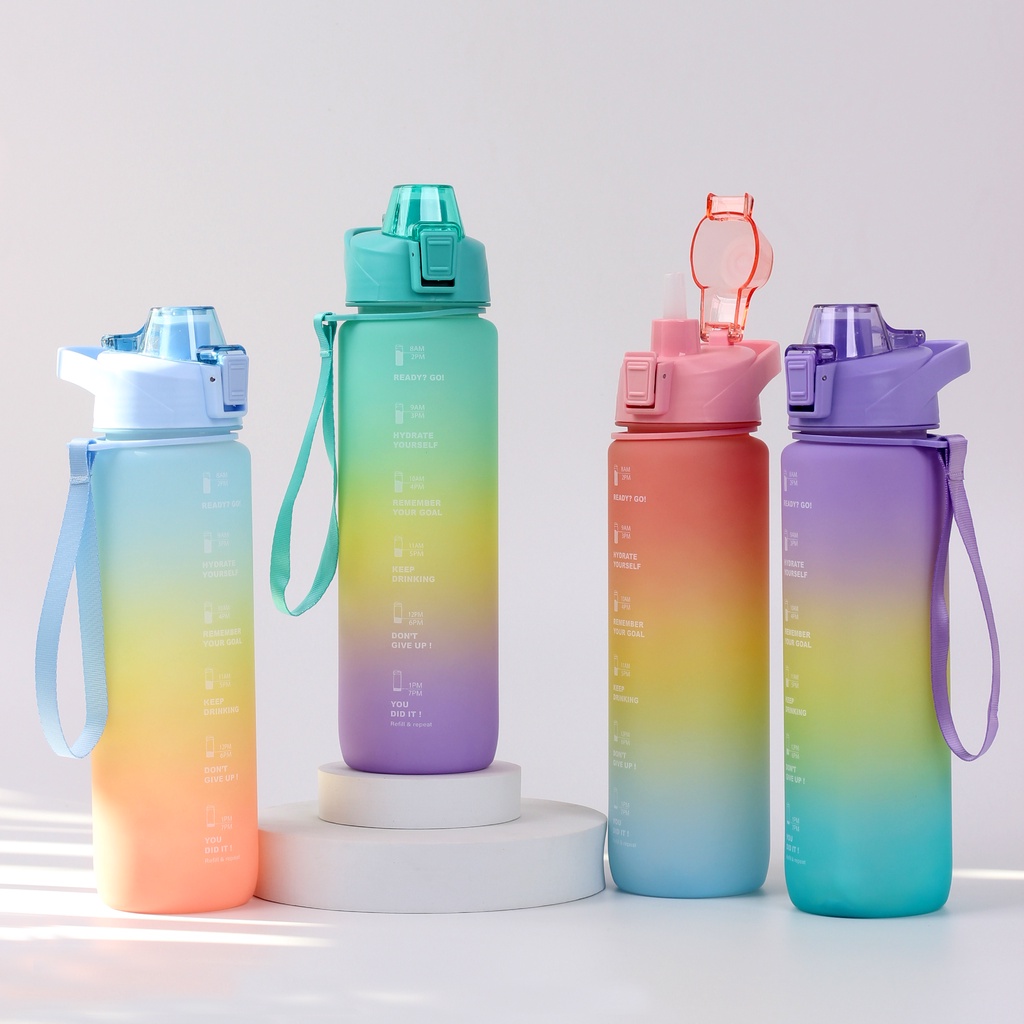 Bình Nước 1000ml Thể Thao Nhắc Nhở Uống Nước Mỗi Ngày Tích Hợp Ống Hút Có vạch kẻ chia ML và Báo Giờ / pktn sale