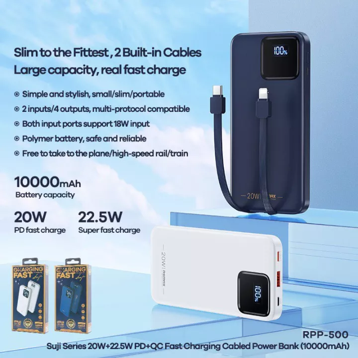 Pin sạc nhanh 22.5w RPP-500 10.000mAh dự phòng, kèm cáp liền pin có màn hình LCD chính hãng BH 1 năm