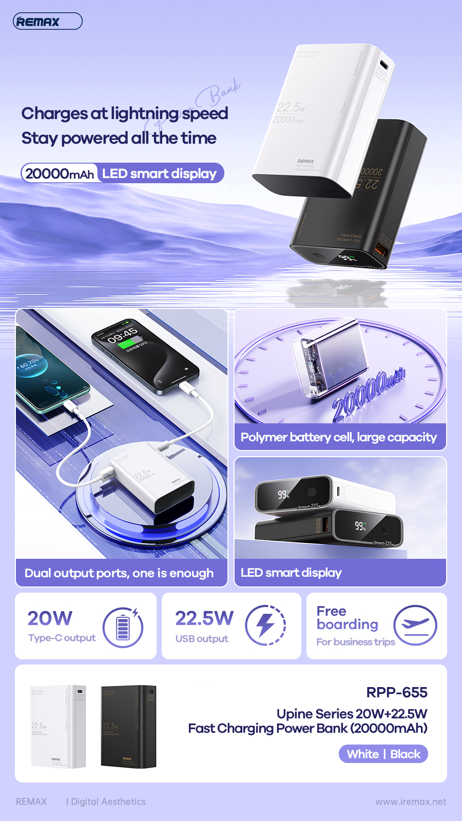 Pin sạc nhanh 22.5w Remax RPP-655 20.000mAh dự phòng QC3.0+PD 22.5W chính hãng [BH 1 năm]
