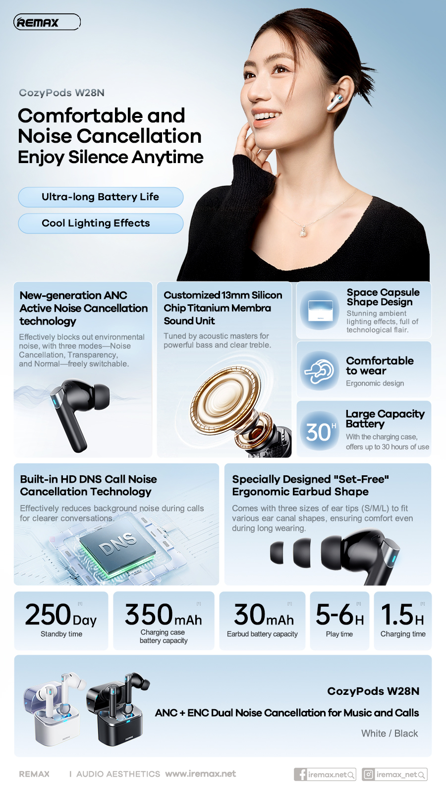 Tai nghe bluetooth REMAX Cozybuds W28N kiểu dáng Airpods True Wireless V5.4 30mAh/350mAh ANC+ENC chính hãng [BH: 1 Năm]