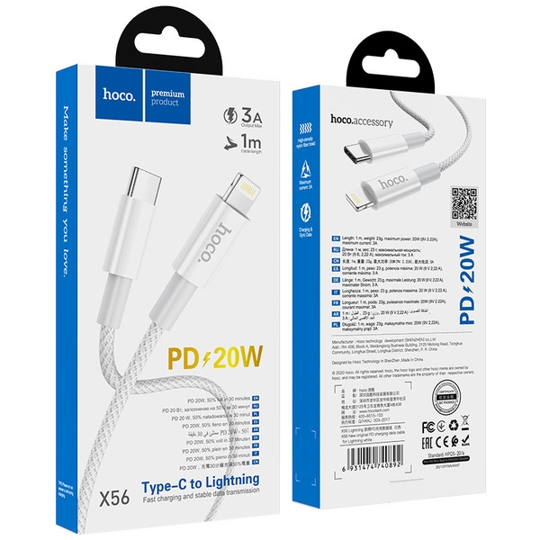 Cáp sạc nhanh 20W HOCO X56 (c-l) PD Type C ra iPhone Lightning 1m cho iP 11 12 13 Pro Max chính hãng [BH 1 năm]