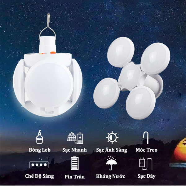 Bóng đèn led 2029 sạc năng lượng mặt trời 4 cánh 5 bóng xếp [BH 1 TUẦN]