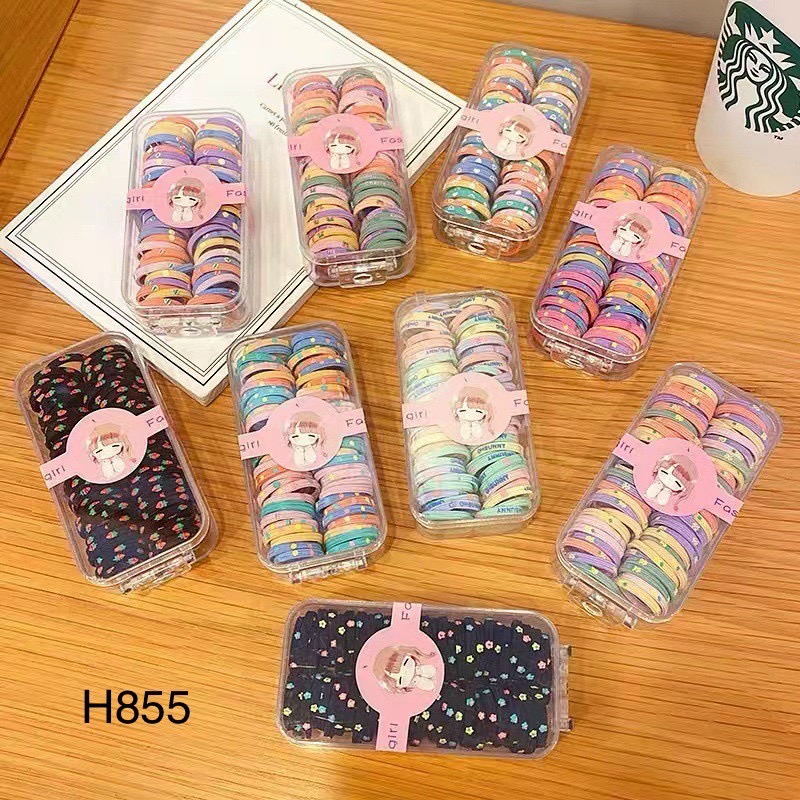 Hộp nhựa chữ nhật 60 thun buộc tóc đa màu sắc cho bé [BH: NONE]