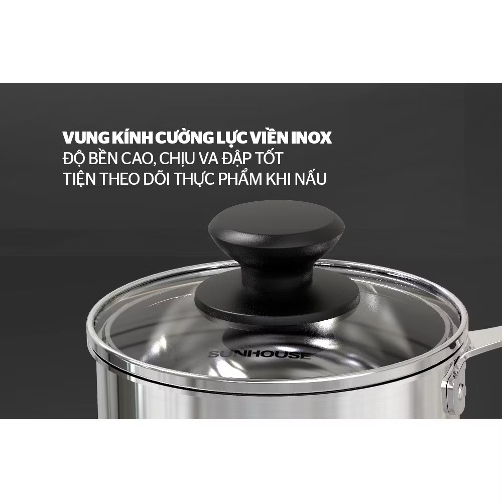 Quánh Inox 3 đáy Sunhouse SH300 Size 16cm nắp kính [BH: NONE]