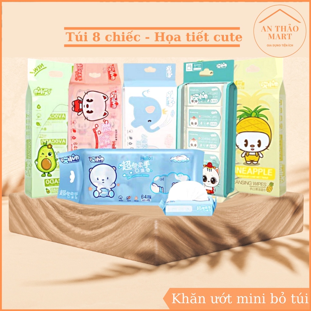 Khăn Giấy Ướt Mini Set 8 Gói (64 tờ) Dễ Thương Bỏ Túi Tiện Lợi