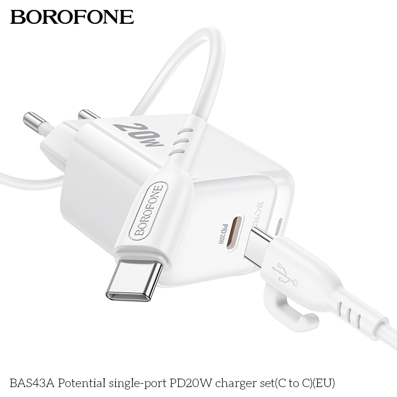 Bộ sạc nhanh 20W BOROFONE BAS43A (cóc 1 cổng Type C, cáp Type C ra Type C) (EU) có báo đèn LED chính hãng [BH 1 năm]