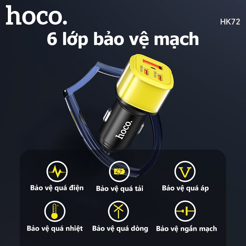 Cóc sạc nhanh xe hơi 60w HOCO HK72 (1 cổng USB, 2 cổng Type C) chính hãng [BH 1 năm]