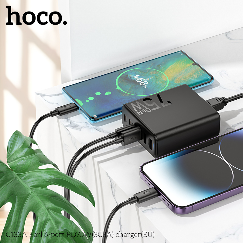 Cóc sạc nhanh 75w HOCO C133A (3 cổng USB + 3 cổng Type C PD) (3C3A) EU chính hãng [BH 1 năm]