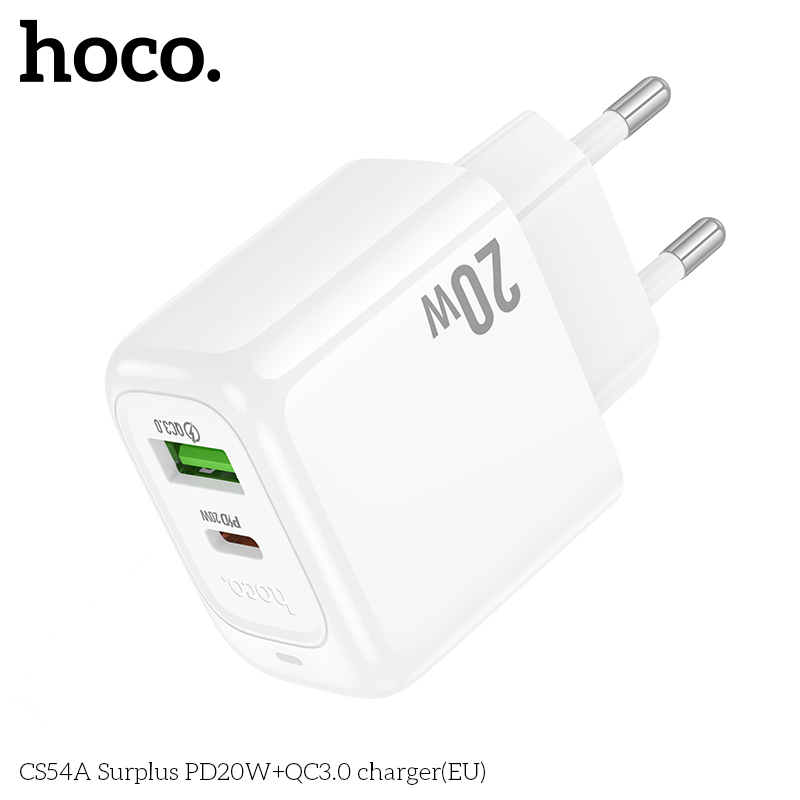 Cóc sạc nhanh 20W HOCO CS54A chân tròn (EU) (1 cổng Type C PD20W + 1 cổng USB QC3.0) chính hãng [BH 1 Năm]