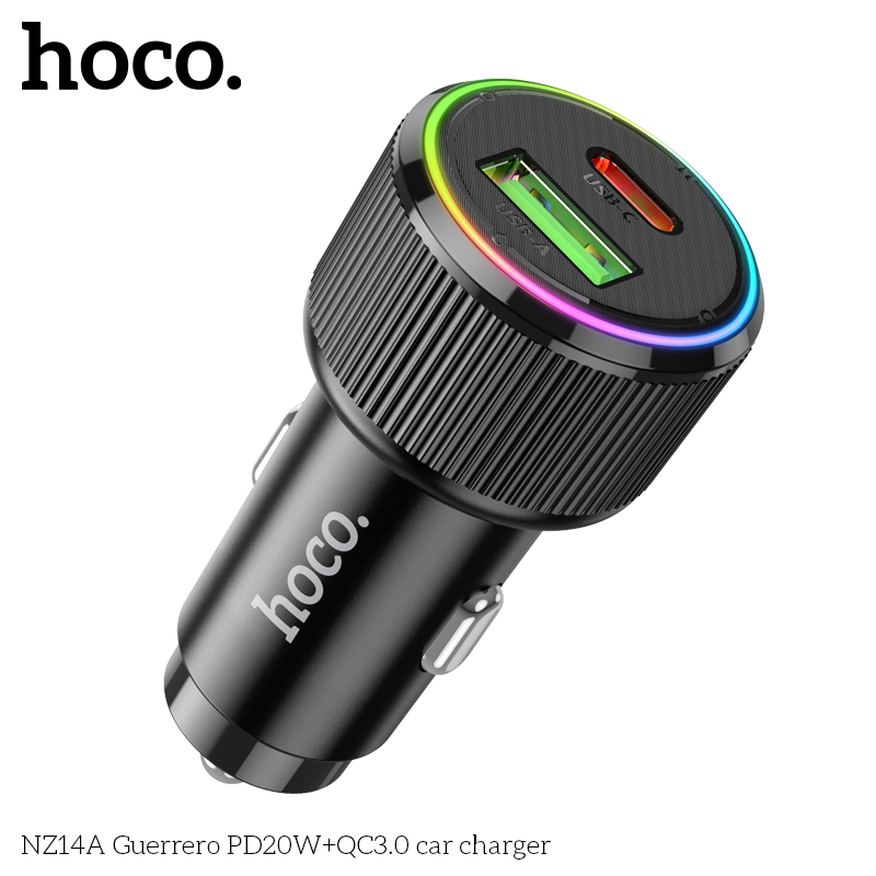 Cóc sạc nhanh 38W cho xe hơi Hoco NZ14A (1 cổng Type C PD + 1 cổng USB) đèn LED chính hãng [BH 1 năm]