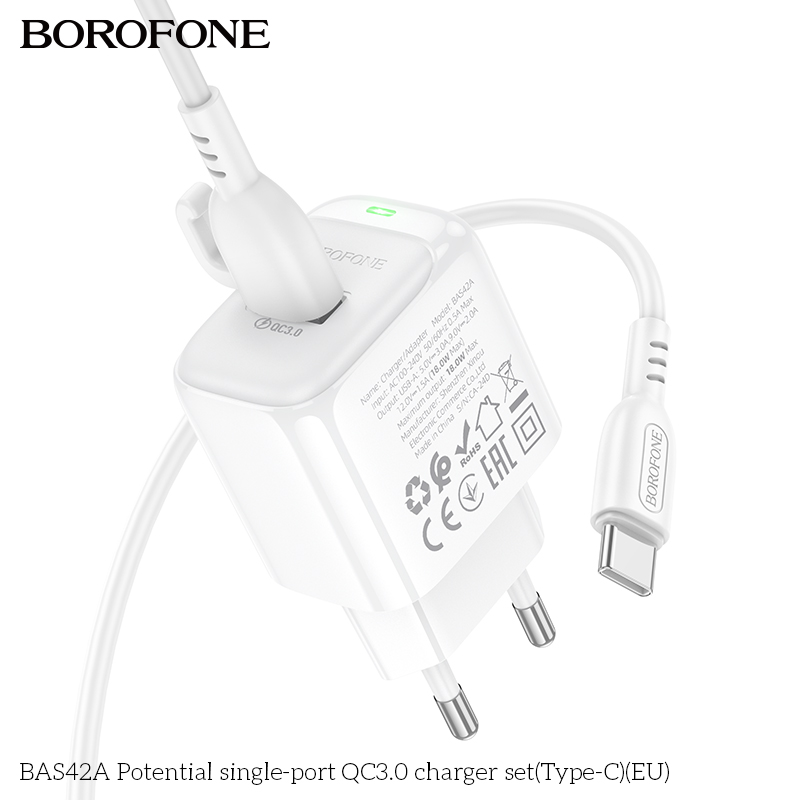 Bộ sạc 18W BOROFONE BAS42A (cóc 1 cổng USB, cáp USB ra Type C) (EU) có báo đèn LED chính hãng [BH 1 năm]