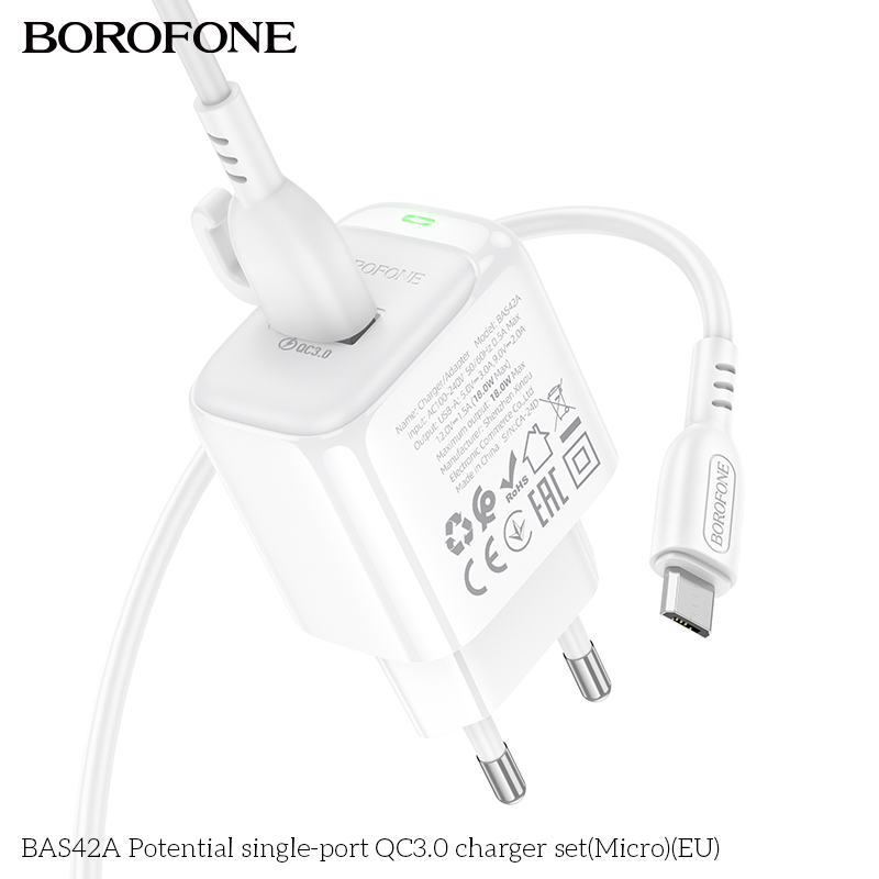 Bộ sạc 18W BOROFONE BAS42A (cóc 1 cổng USB, cáp USB ra Micro) (EU) có báo đèn LED chính hãng [BH 1 năm]