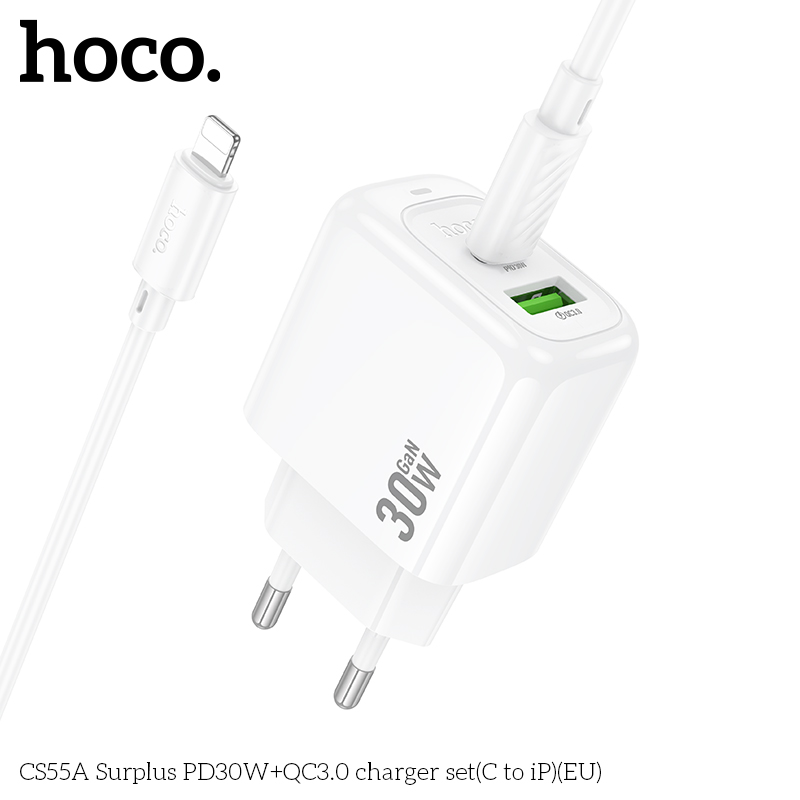 Bộ sạc nhanh 30W HOCO CS55A (Cóc 1 cổng USB QC 3.0 + 1 cổng Type C PD30W, Cáp Type C ra iPhone Lighting) (EU) báo đèn LED chính hãng [BH 1 năm]