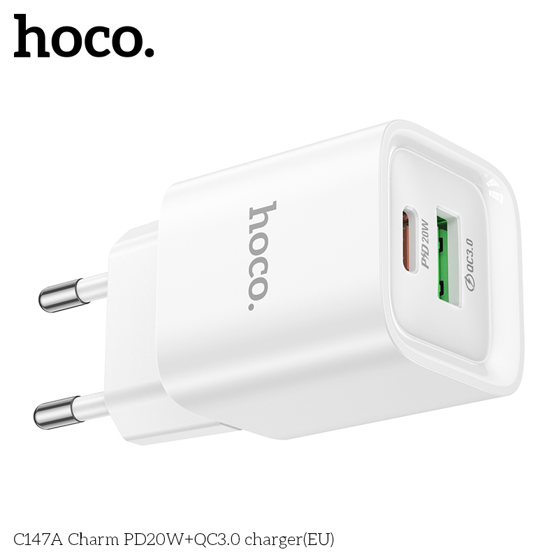 Cóc sạc nhanh 20w HOCO C147A (EU) (1 cổng USB QC3.0 + 1 cổng Type C PD) chính hãng [BH 1 năm]