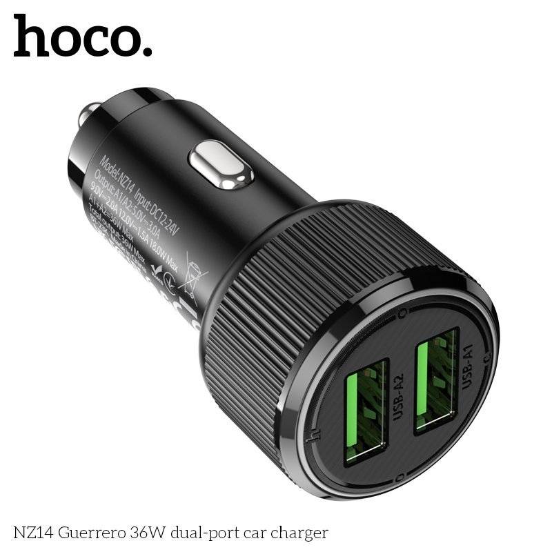 Cóc sạc nhanh 36W cho xe hơi Hoco NZ14 (2 cổng USB) đèn LED chính hãng [BH 1 năm]
