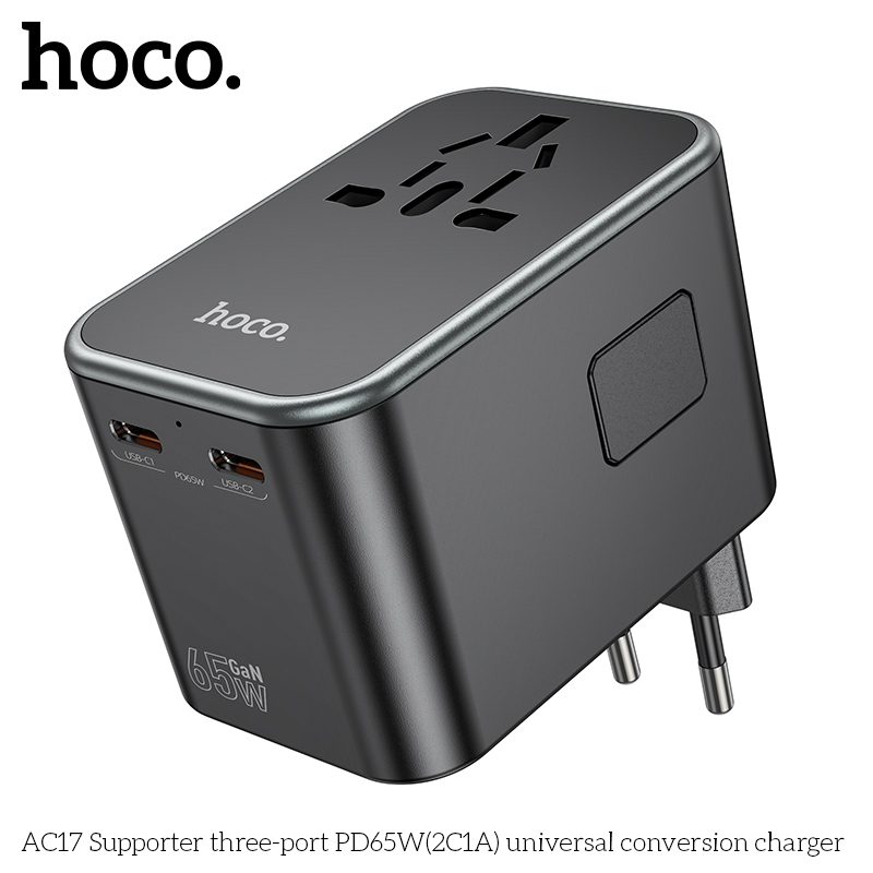 Cóc sạc chuyển đổi đa năng HOCO AC17 PD65W 1 cổng USB + 2 cổng Type C (du lịch) chính hãng [BH 1 NĂM]