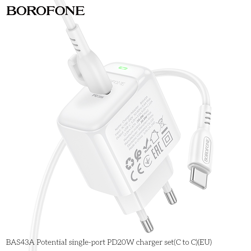 Bộ sạc nhanh 20W BOROFONE BAS43A (cóc 1 cổng Type C, cáp Type C ra Type C) (EU) có báo đèn LED chính hãng [BH 1 năm]