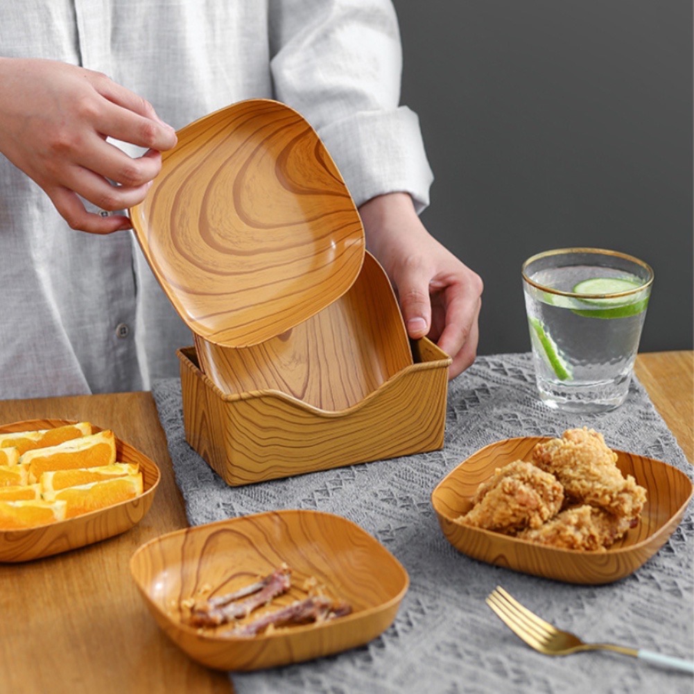 Set 8 đĩa nhựa vân gỗ đựng thực phẩm, trái cây, decor siêu xinh [BH: None]