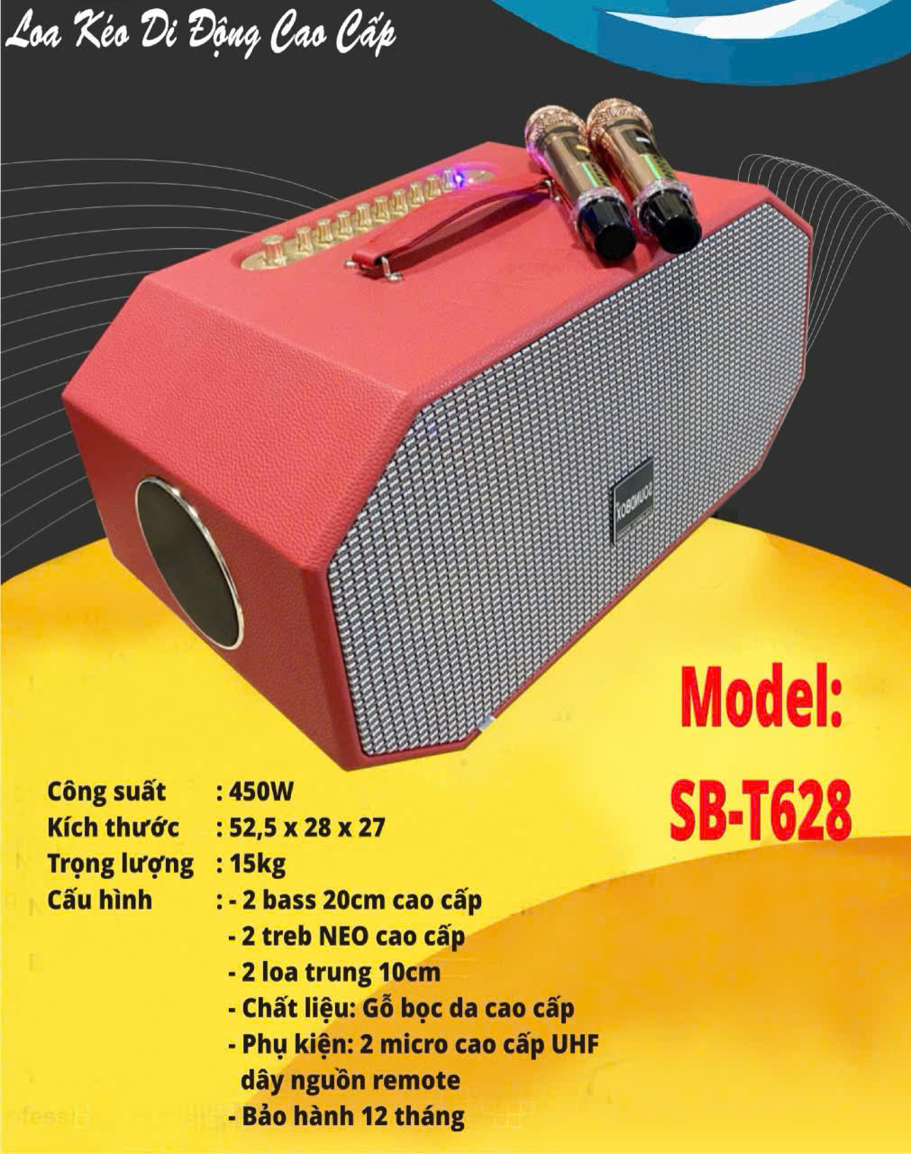 Loa bluetooth Karaoke xách tay SoudBox SB-T628 gỗ bọc giả da siêu đẹp kèm 2 mic UHF chống hú