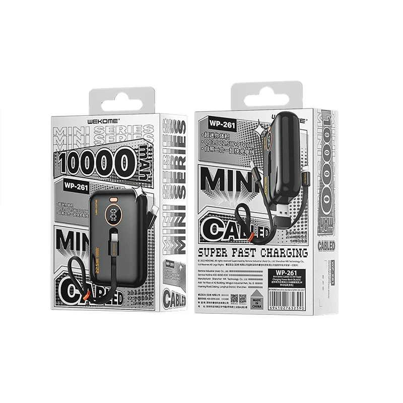 Pin sạc nhanh 22.5w Wekome WP-261, 10.000mAh có màn hình led hiển thị % pin PD20W+ QC3.0 kèm jack Type C+ Lightning liền thân [BH: 6 tháng]
