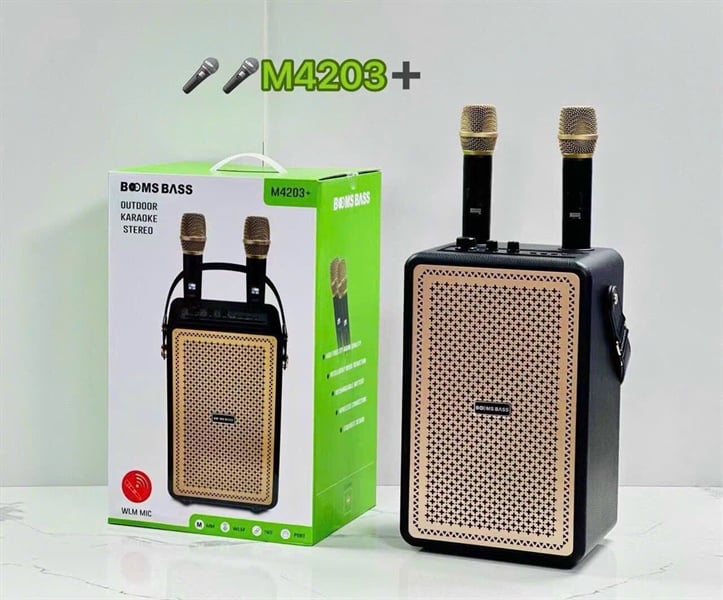 Loa Bluetooth Karaoke Booms Bass M4203+ 100W Kèm 2 Micro Hát Không Dây [BH 6 THÁNG]