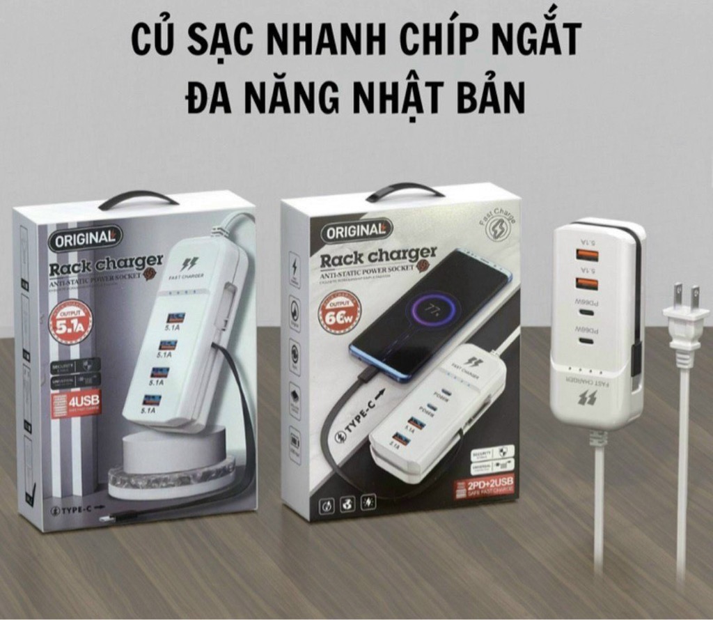 Cóc, ổ cắm sạc nhanh 66w Rack charger kèm cáp Type C liền thân, đa năng 5in1 tự ngắt khi đầy pin [BH: 1 tuần]