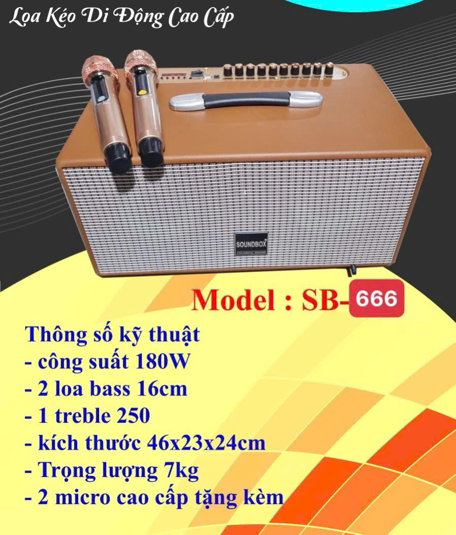 Loa bluetooth Karaoke xách tay SoundBox SB-666 bọc giả da siêu đẹp kèm 2 mic UHF chống hú