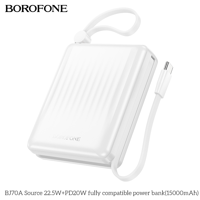 Pin sạc nhanh 22.5w+PD20W BOROFONE BJ70A 15.000mAh sạc dự phòng kèm cáp liền pin chui Type C + chui iPhone có màn hình LED chính hãng [BH 1 năm]