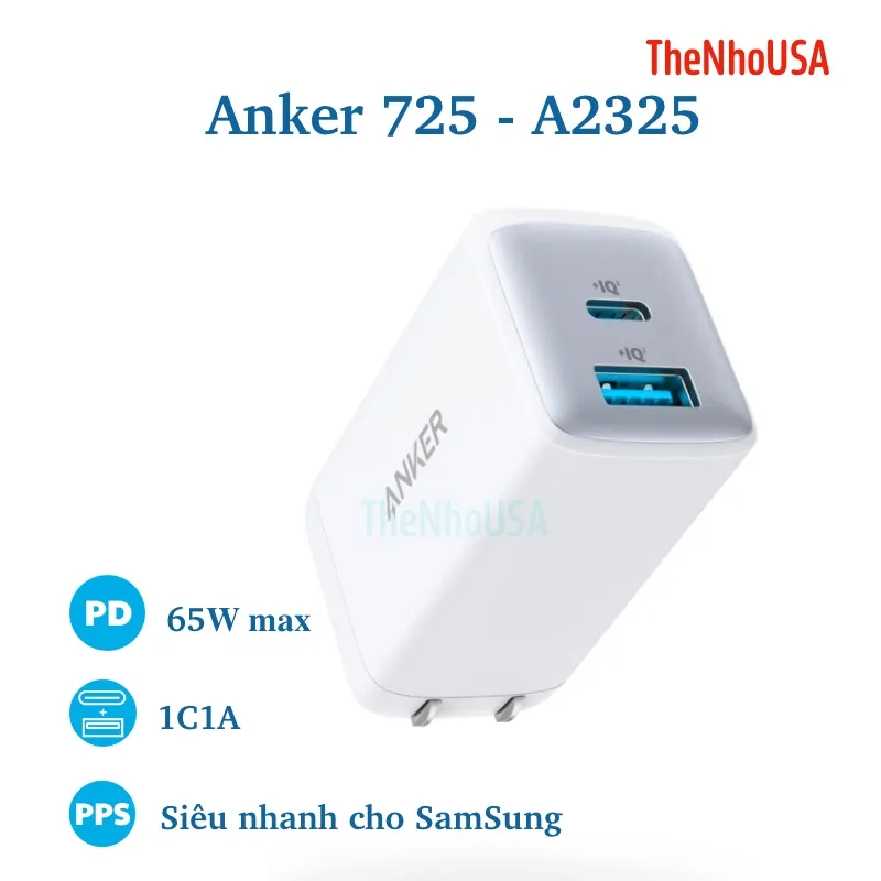 Cóc sạc nhanh 65w Anker 725/  A2325  (1 cổng type-c vs 1 cổng usb) chính hãng (trắng) [BH 1 năm]