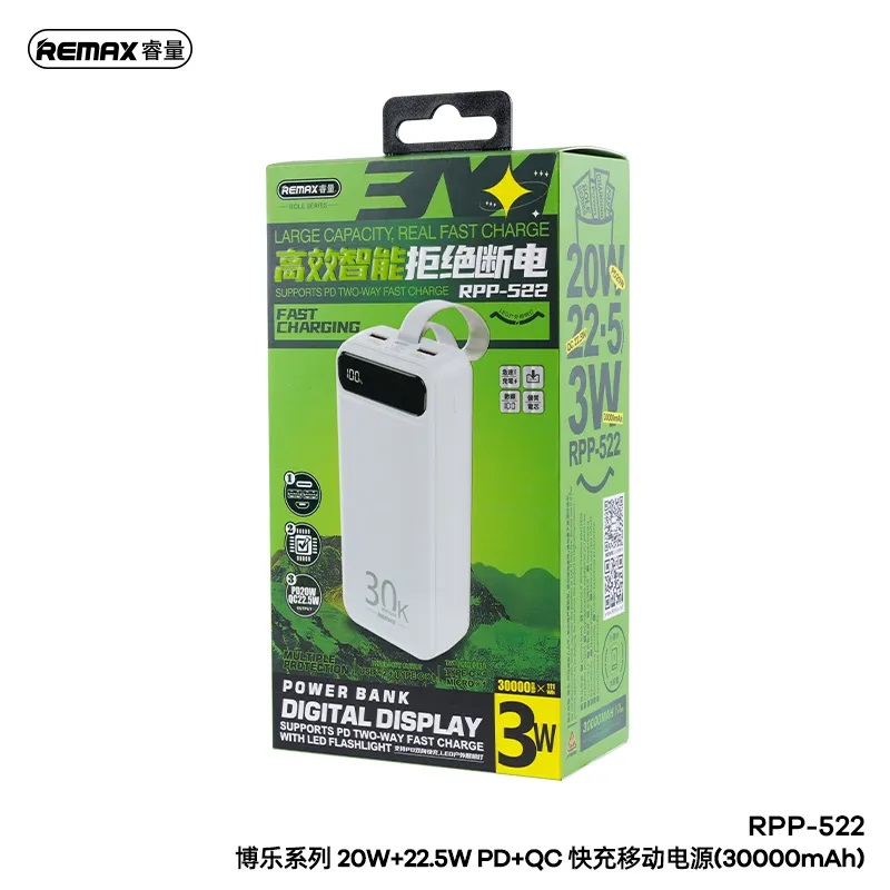 Pin sạc nhanh 22.5w Remax RPP-522 30.000mAh PD QC3.0 sạc dự phòng Chính Hãng [BH: 1 năm]