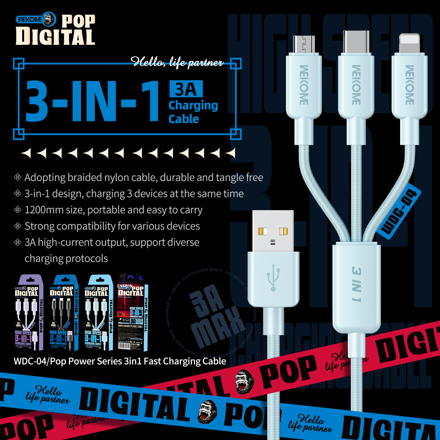 Cáp sạc Wekome WDC-04th 3 đầu đa năng (usb ra ip +micro +type c) dài 1M2 chính hãng [BH: 6 tháng]