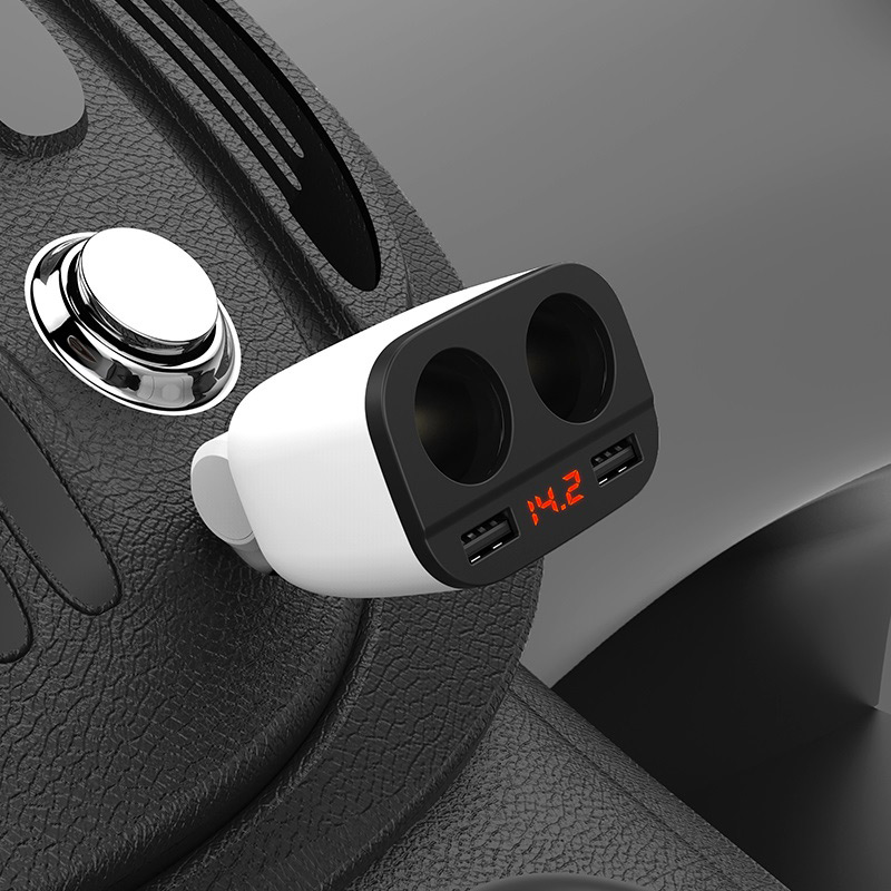 Cóc sạc nhanh xe hơi HOCO Z28 Power Ocean 2 cổng tẩu sạc, 2 cổng USB có đồng hồ chính hãng [BH 1 năm]