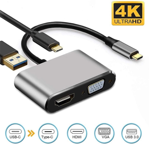 Jack chuyển cáp 4in1 KC17 Type C ra HDMI + VGA +USB3.0 + TYPE C [BH: 1 THÁNG]