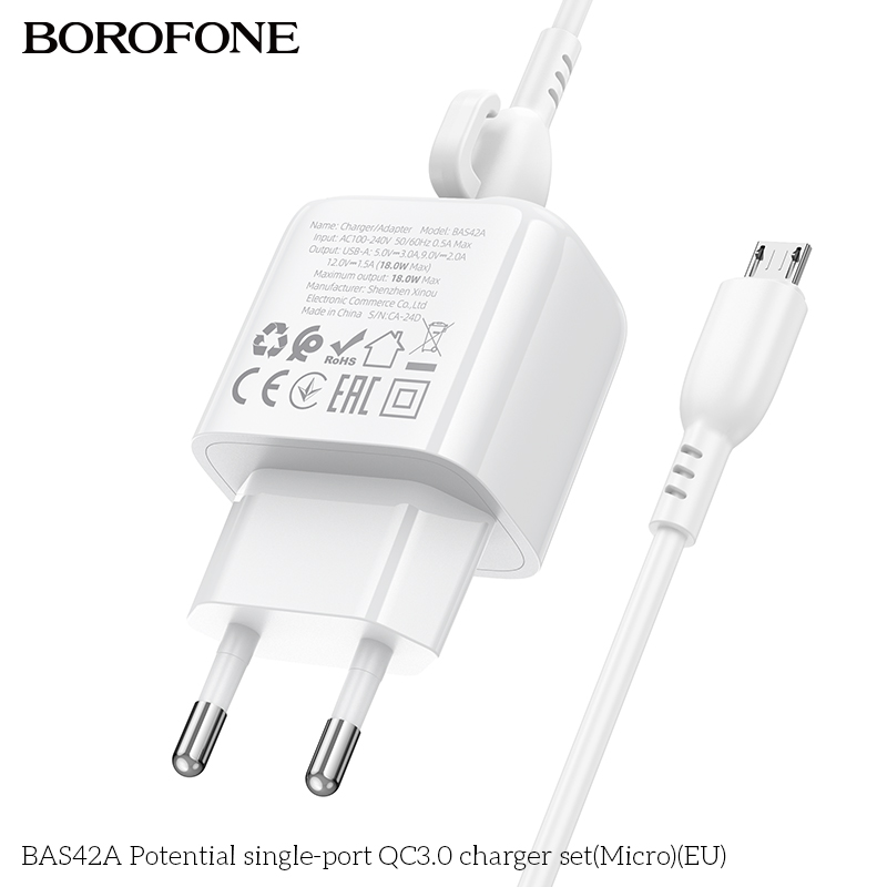 Bộ sạc 18W BOROFONE BAS42A (cóc 1 cổng USB, cáp USB ra Micro) (EU) có báo đèn LED chính hãng [BH 1 năm]