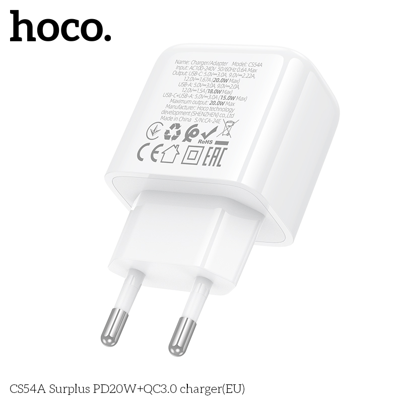 Cóc sạc nhanh 20W HOCO CS54A chân tròn (EU) (1 cổng Type C PD20W + 1 cổng USB QC3.0) chính hãng [BH 1 Năm]