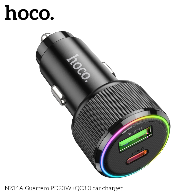 Cóc sạc nhanh 38W cho xe hơi Hoco NZ14A (1 cổng Type C PD + 1 cổng USB) đèn LED chính hãng [BH 1 năm]