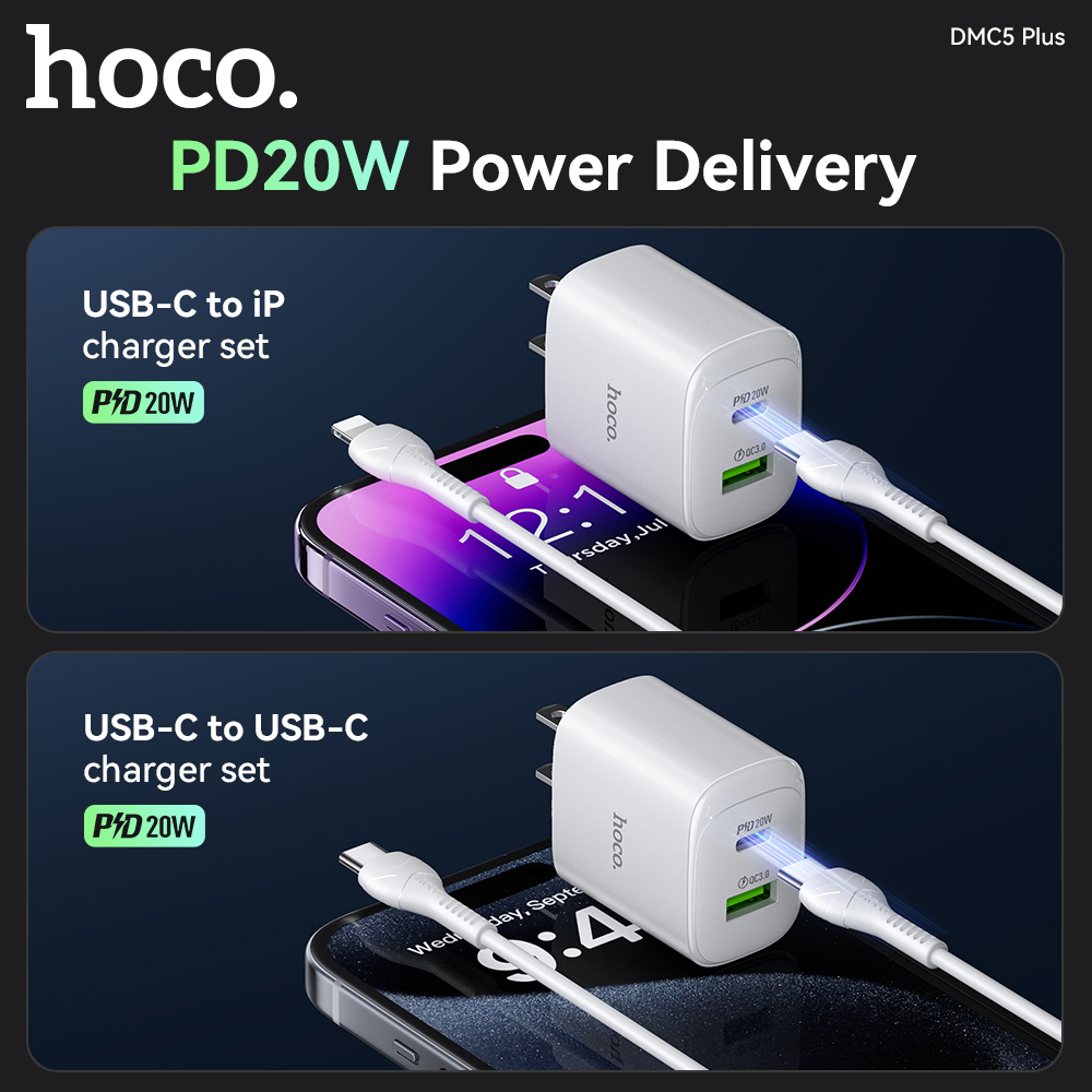 Bộ sạc nhanh 20W HOCO DMC5 Plus (Cóc 1 cổng USB QC 3.0 + 1 cổng Type C PD20W, Cáp Type C ra iPhone Lighting) chính hãng [BH 1 năm]