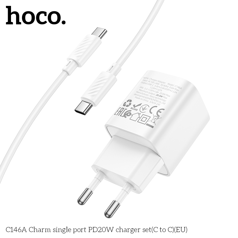 Bộ sạc nhanh 20W nhỏ gọn HOCO C146A cáp Type C ra Type C (EU) chính hãng [BH 1 NĂM]