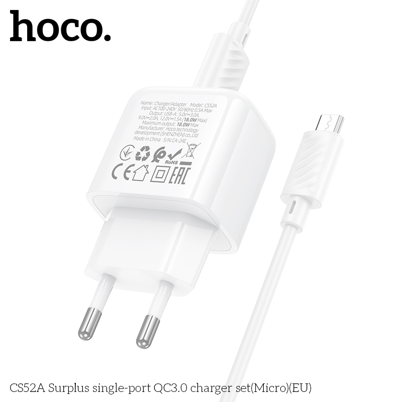 Bộ sạc nhanh 18W HOCO CS52A cáp USB ra Samsung Micro (EU) chính hãng [BH 1 Năm]