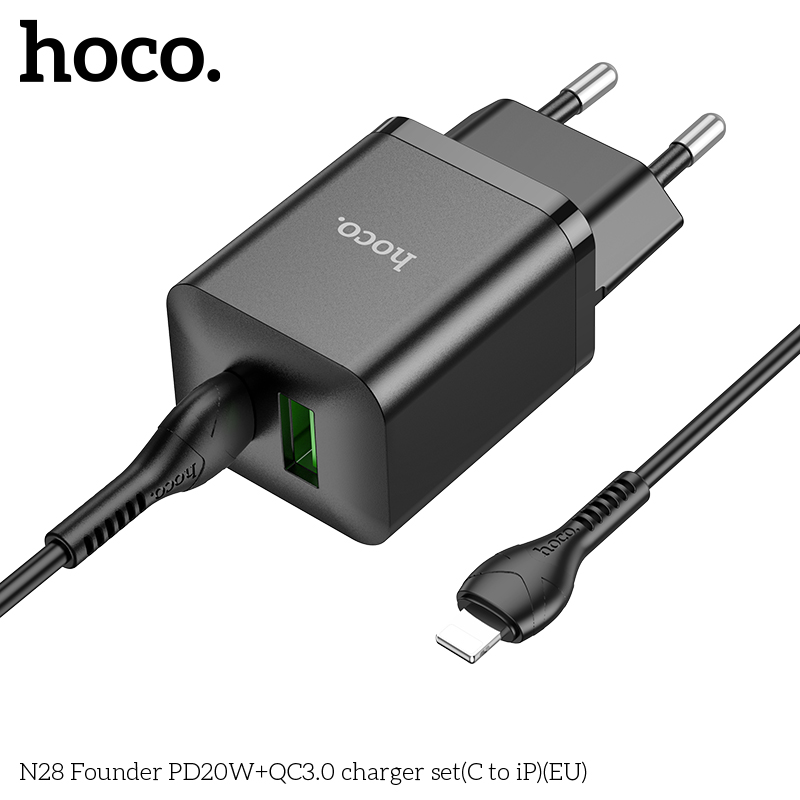 Bộ sạc nhanh 20W HOCO N28 c-l cóc 2 cổng (1 cổng type c 1 cổng usb) kèm cáp Type C ra Iphone chính hãng [BH 1 Năm]