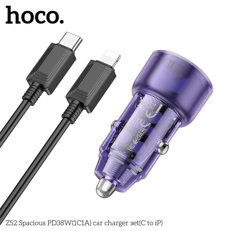 Bộ sạc nhanh cho xe hơi 38W HOCO Z52 cáp Type C to iPhone (1 cổng Type C PD + 1 cổng USB) chính hãng [BH 1 NĂM]