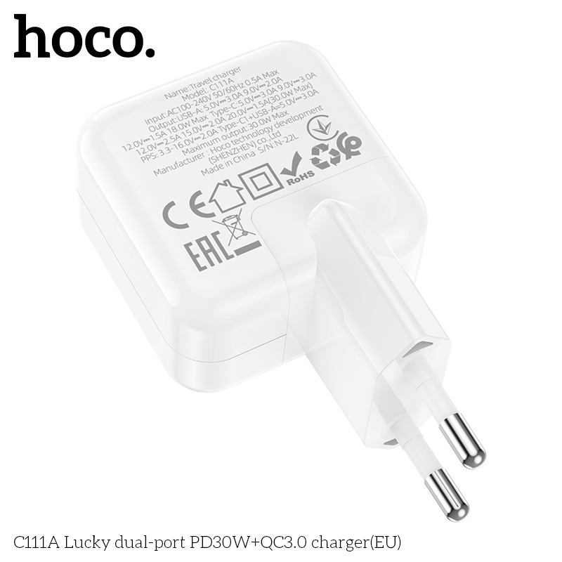 Cóc sạc nhanh 30w Hoco C111A (1 cổng Type C PD30W + 1 cổng USB QC3.0) chính hãng [BH 1 Năm]