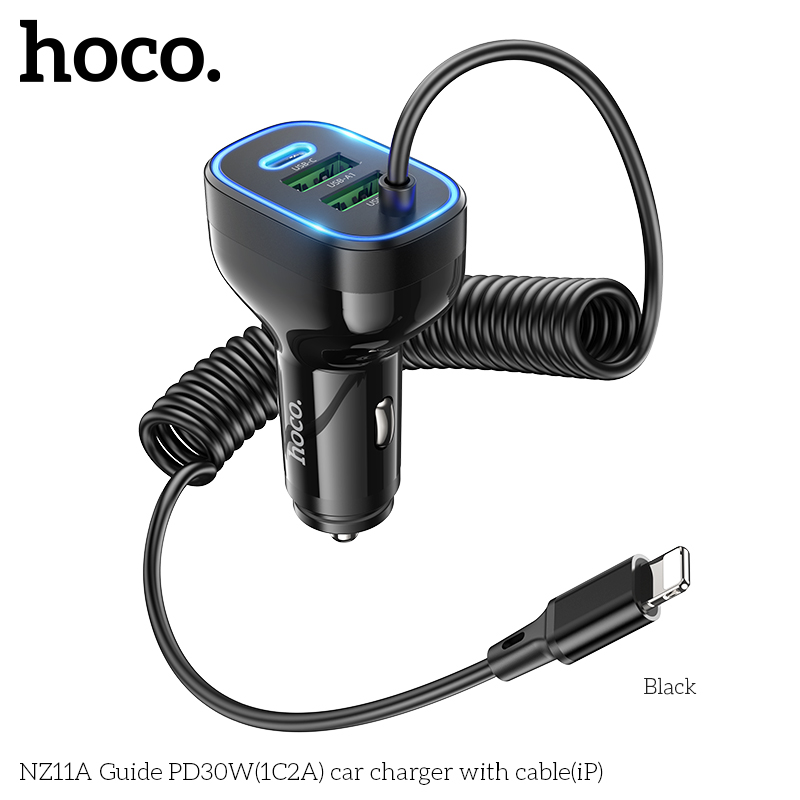 Bộ sạc cho xe hơi 30W HOCO NZ11A cáp iPhone (1 cổng Type C PD + 2 cổng USB) chính hãng [BH 1 NĂM]