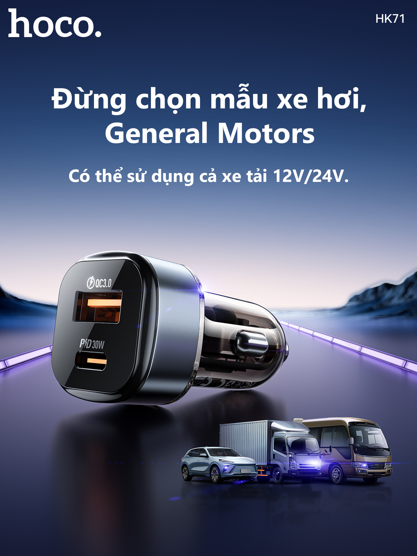 Cóc sạc nhanh xe hơi trong suốt 30w HOCO HK71 (1 cổng USB QC3.0 18W, 1 cổng Type C PD30W) chính hãng [BH 1 năm]
